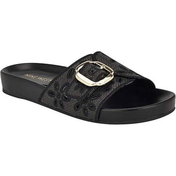 Nine West Women's Black Floral Buckle Slide Sandals Comfort Flats - Picture 1 of 3
